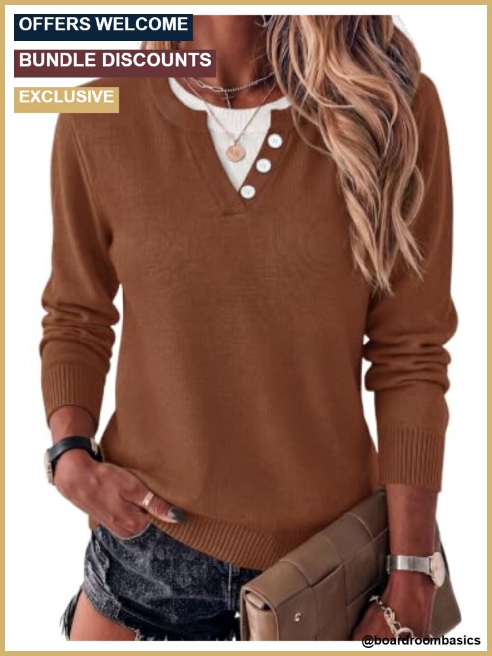 Womens Lightweight Knit Pullover Sweater Button Accent
